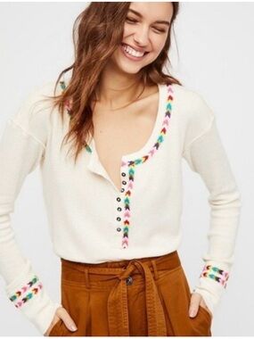 We The Free Cream Embroidered Scoop Rainbow Henley